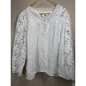 Chico's Petite Womens White Sheer Floral‎ Cut Out Sleeves Tunic Top Size 2P